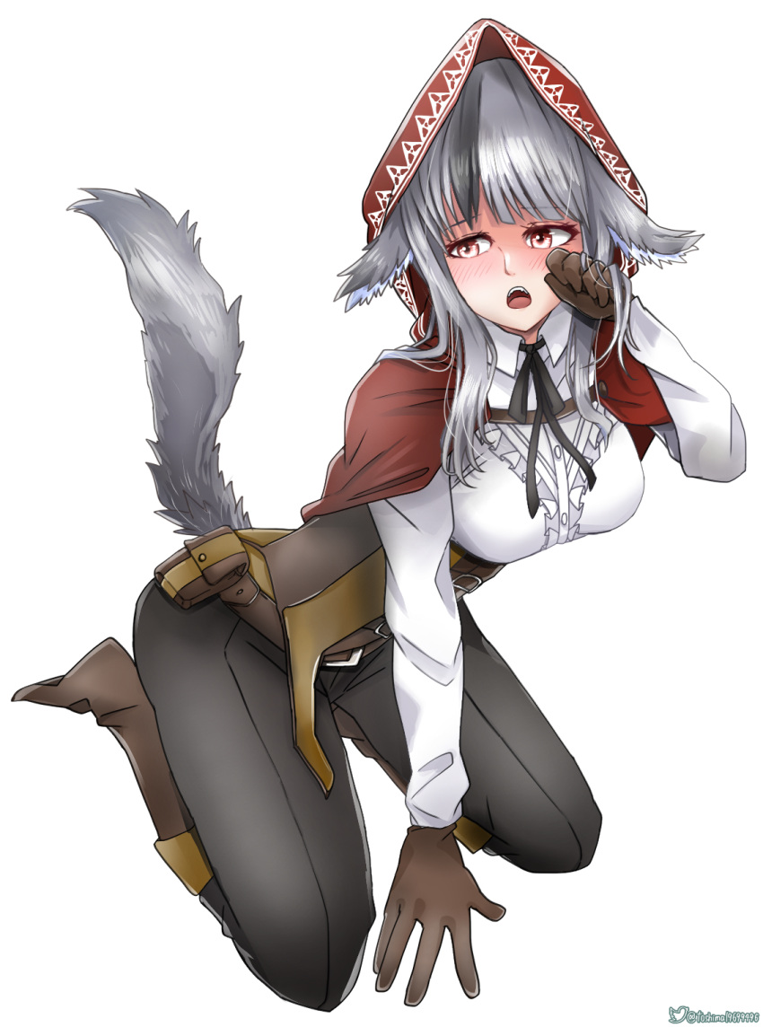 1girls big_breasts blush fire_emblem fire_emblem_fates gloves grey_hair hood kneeling long_hair monster_girl nintendo open_mouth red_eyes solo toshimasa velouria velouria_(fire_emblem) white_background wolf_girl