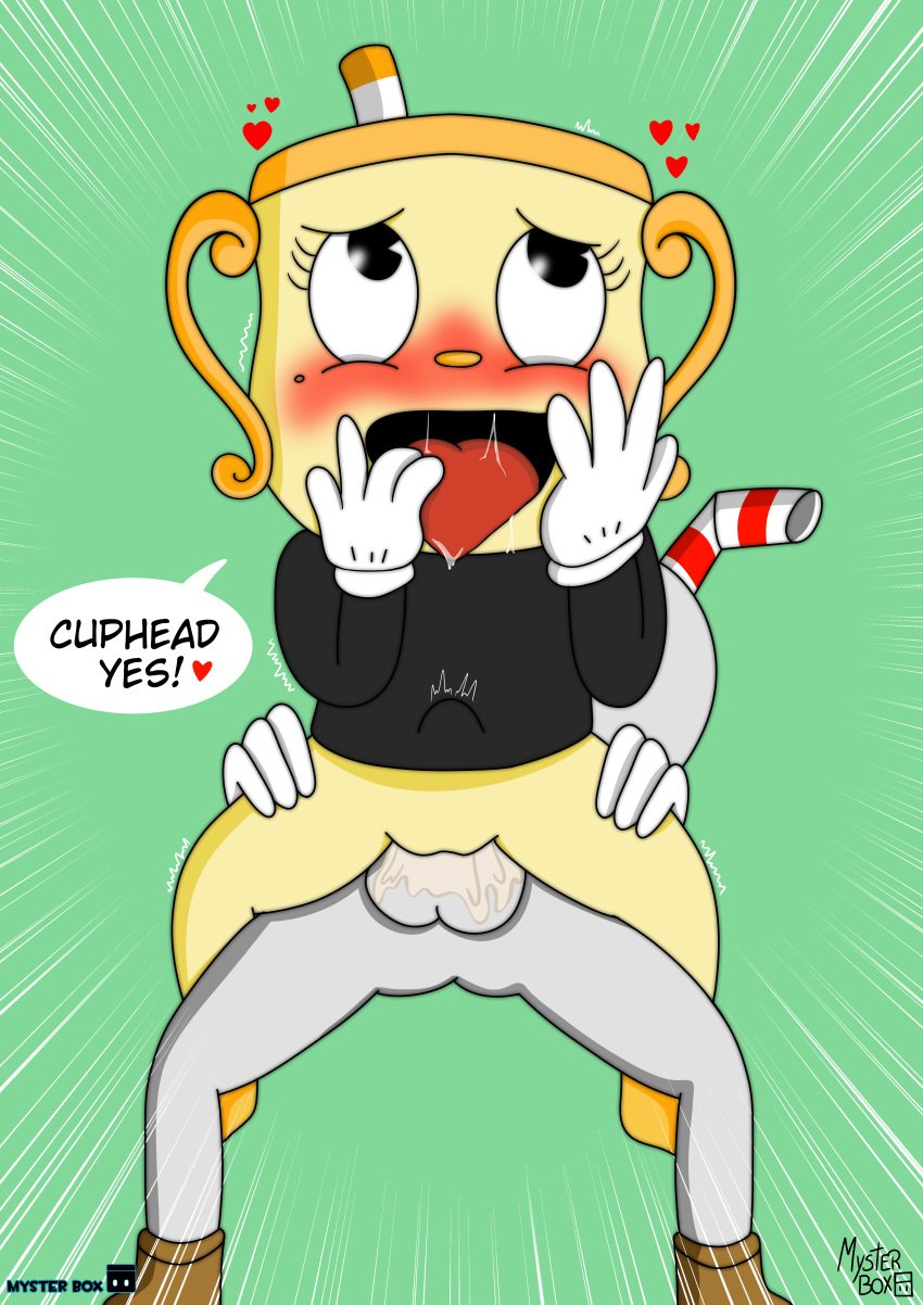 <3 1boy 1boy1girl 1girls animate_inanimate anthro cum cum_in_pussy cum_inside cuphead cuphead:_the_delicious_last_course cuphead_(game) english english_text eyes_open female female_on_top footwear for_a_head handwear male male_on_bottom ms._chalice myster_box object_head open_mouth reverse_cowgirl_position speech_bubble spread_legs spreading spreading_legs vaginal vaginal_penetration