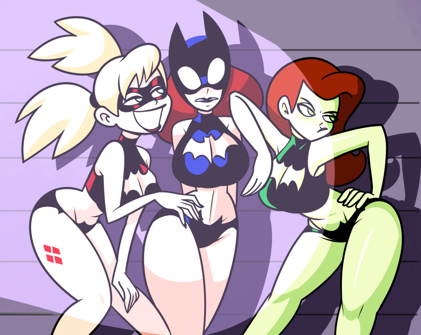 2d 3girls barbara_gordon bare_legs bare_midriff batgirl batman_(series) big_breasts blonde_hair cleavage cleavage_cutout dc dc_comics female female_only fully_clothed green-skinned_female green_skin harley_quinn lipstick mask pale_skin pamela_isley poison_ivy red_hair revealing_clothes superspoe swimsuit tagme thick thick_thighs thin_waist