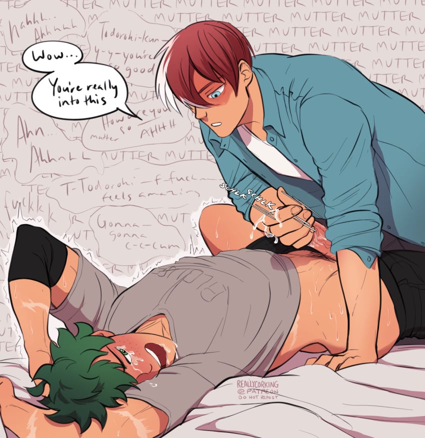 2boys clothes_on color dialogue gay green_hair handjob human human_only izuku_midoriya male male/male male_on_male male_only my_hero_academia on_bed pleasure_face precum reallycorking red_hair scar shouto_todoroki sweaty_legs tears white_hair yaoi