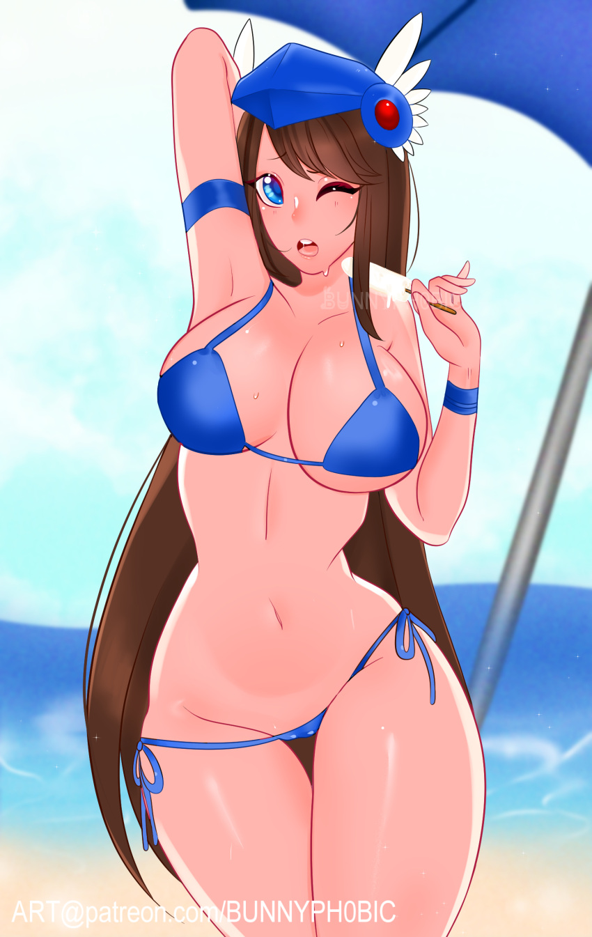 1girls arm_up armpit artist_name beach big_breasts bikini blue_bikini blue_bra blue_eyes blue_panties breasts brown_hair bunnyph0bic cleavage crawllie eyebrows_visible_through_hair female female_only long_hair looking_at_viewer micro_bikini navel one_eye_closed open_mouth pale-skinned_female pale_skin patreon_username roblox roblox_avatar solo solo_female standing stomach sweat thighs tongue valkyrie_helm watermark