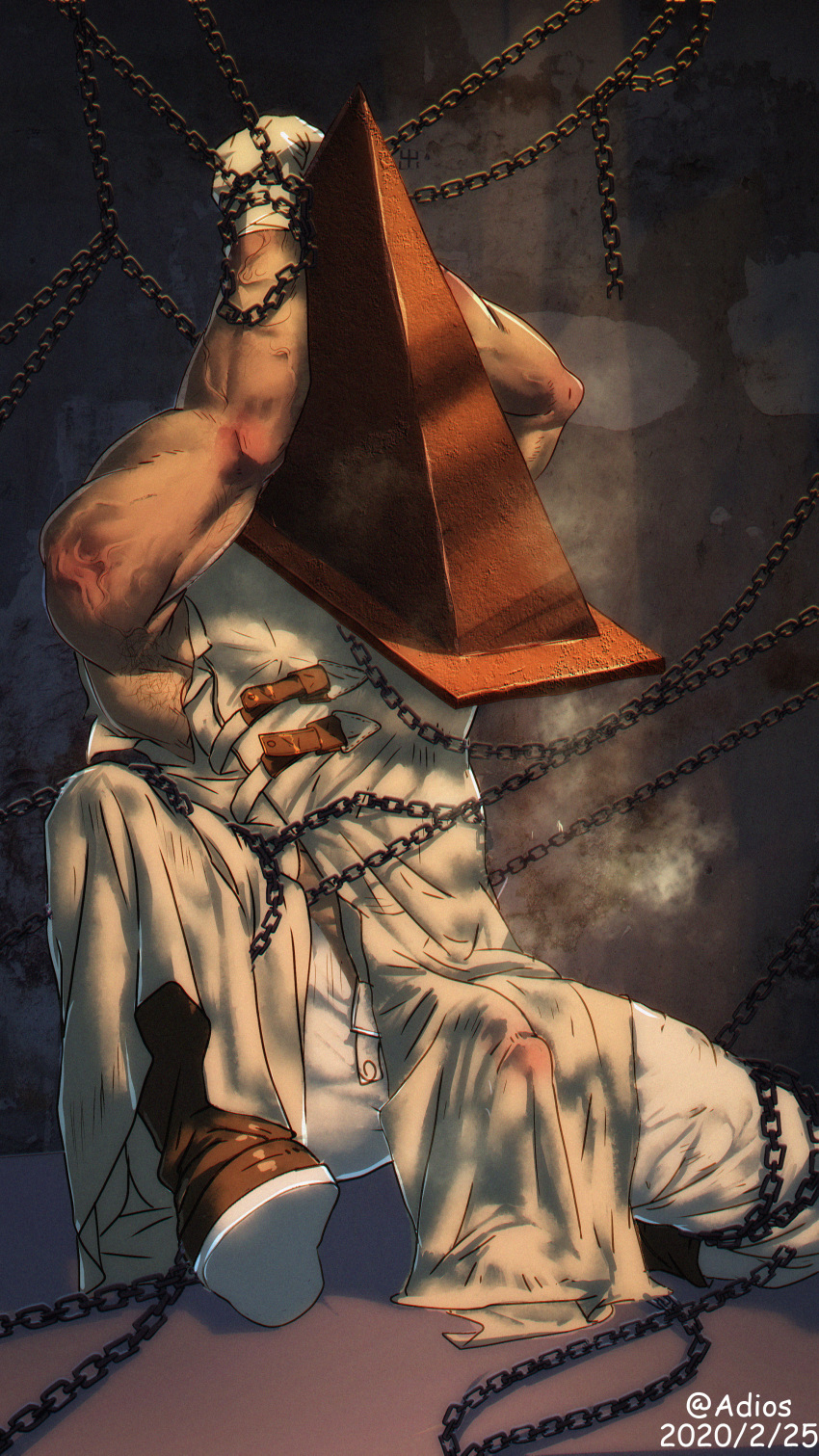 adios apron armpit_hair arms_above_head arms_up bondage bound bound_wrists breath bulge chained chains gay gloves half-erect helmet male male_only monster muscular muscular_male penis pyramid_head restrained silent_hill silent_hill_2 sleeveless solo veiny_muscles