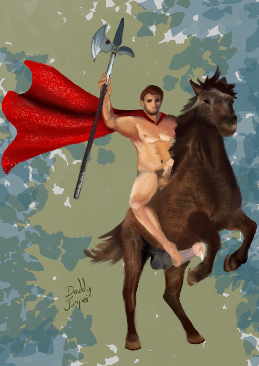 1boy beard beast big_penis brown_hair cape_only cock daddy_junpei dick erect_nipples erection facial_hair gay holding_weapon horse horsecock human interspecies male male_only muscular nude_male poleaxe precum_drip warrior weapon zoophilia