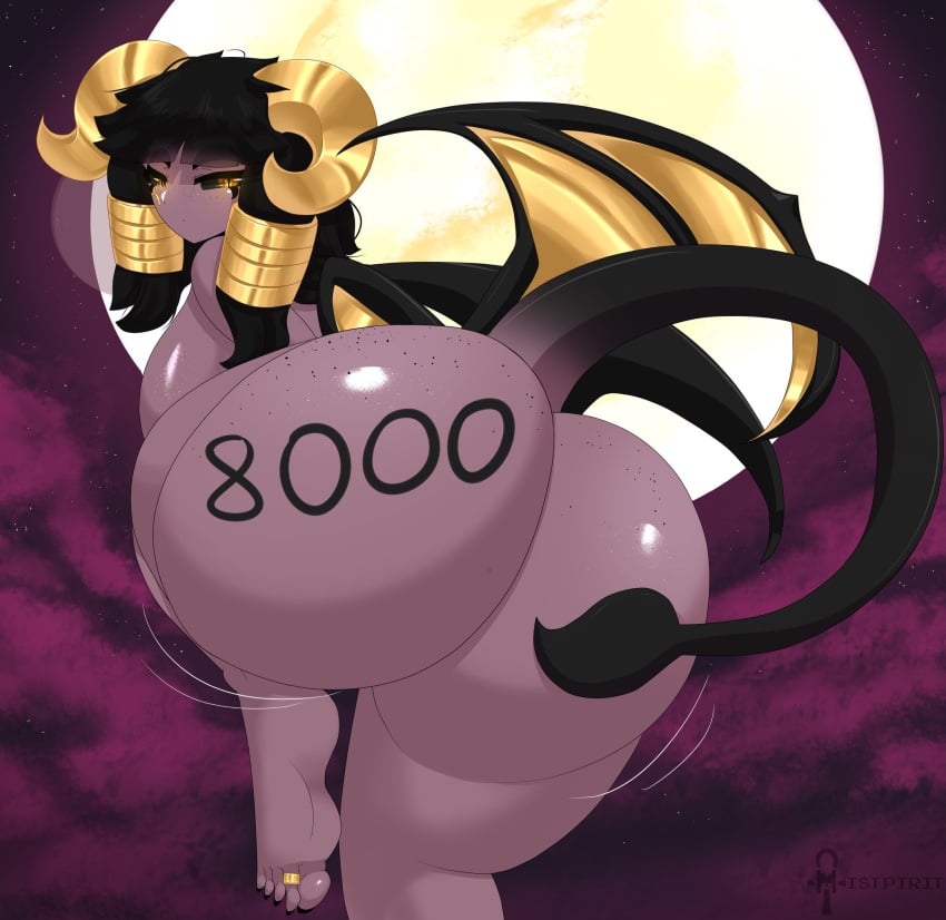 2021 amelia amelia-raevert amelia_raevert anubis ass black_eyes bubble_ass bubble_butt demon_girl demon_tail demoness freckles golden_horns golden_pupils golden_wing horns milestone_celebration mistpirit moon moonlight night numbers oc original original_character purple_skin succubus tagme toe_ring toes writing writing_on_ass