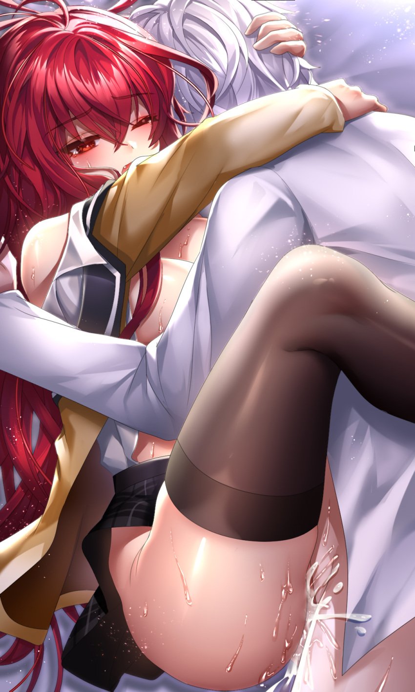 1boy ahoge arm_around_neck bangs been black_legwear black_skirt breasts brown_jacket cleavage cum cum_in_pussy cute_fang dress_shirt elesis_(elsword) elsword eyebrows_visible_through_hair fang female hair_between_eyes half-closed_eyes hand_in_another's_hair highres jacket large_breasts long_hair miniskirt missionary oerba_yun_fang one_eye_closed open_clothes open_jacket open_mouth open_shirt plaid plaid_skirt pleated_skirt red_eyes red_hair sex shiny shiny_hair shirt silver_hair skirt skirt_lift straight sweat thighhighs vaginal_penetration very_long_hair white_shirt