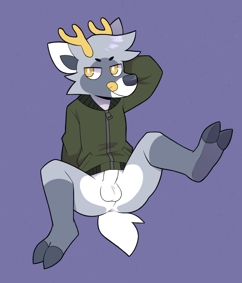 anthro antlers arcadepup balls bottomless cervid clothed clothing genitals hands_behind_back hi_res hooves horn kodiak_(arcadepup) looking_at_viewer male mammal penis solo spread_legs spreading tongue tongue_out