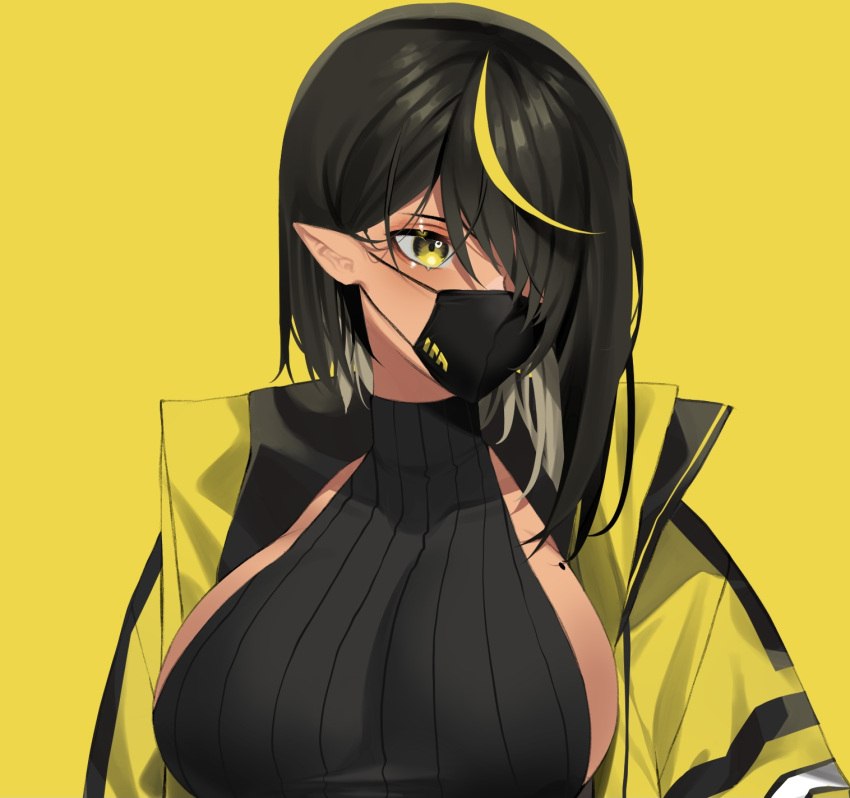 big_breasts black_hair black_mask dark-skinned_female dark_elf dark_hair dark_skin elf elf_ears elf_female female female_only hair_between_eyes hair_over_one_eye lilith_(lilycious) lilycious long_hair looking_away mask masked mole mole_on_breast multicolored_hair pointy_ears virgin_killer_sweater yellow_background yellow_eyes yellow_hair