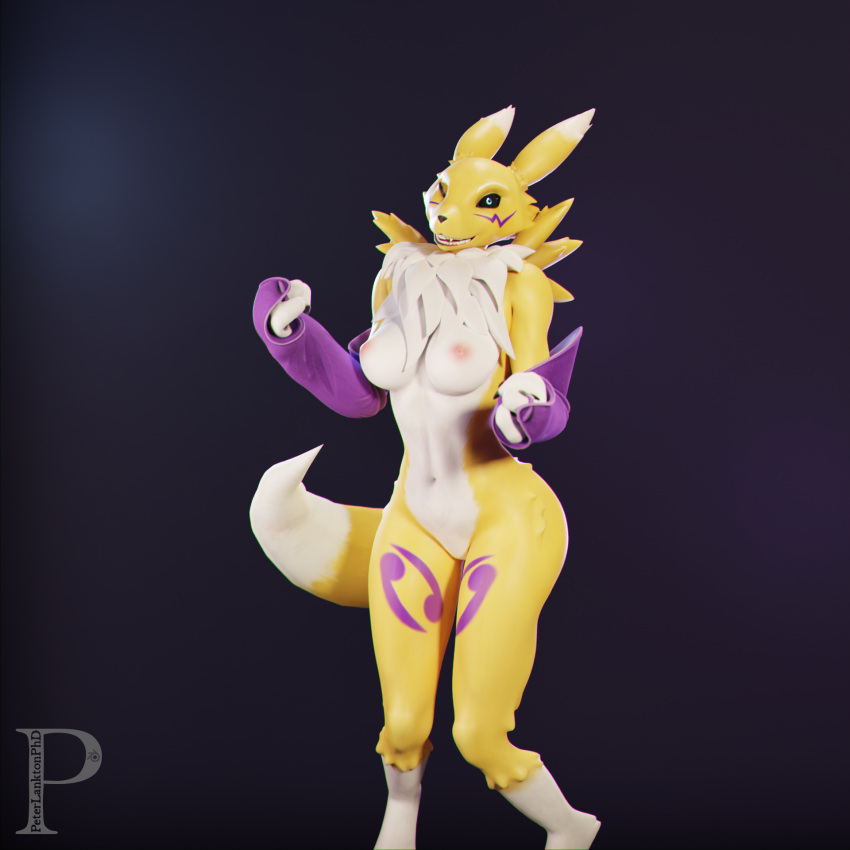 3_fingers abstract_background anthro ass black_sclera blender_(software) blue_eyes breasts claws digimon digimon_(species) female fingers fur hi_res invalid_tag neck_tuft nipples one_eye_closed peterlangtonsfm renamon renamon_(warfaremchine) smile solo tuft white_body white_fur wink yellow_body yellow_fur