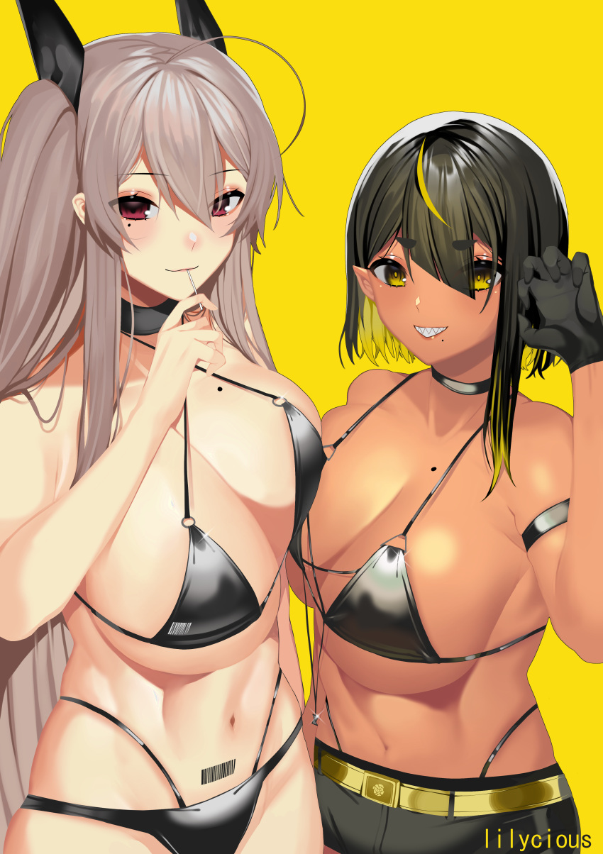 abs armband bare_shoulders belly_button belt big_breasts bikini bikini_bottom bikini_top black_bra black_hair black_panties choker cleavage dark-skinned_female dark_elf dark_hair dark_skin elf elf_ears elf_female fangs gloves grey_hair hair_between_eyes hair_ornament hair_over_one_eye lilith_(lilycious) lilycious long_hair looking_at_viewer loose_clothes mole mole_on_breast mole_under_eye mole_under_mouth multicolored_hair navel panties pointy_ears red_eyes short_shorts shorts undressing very_long_hair yellow_eyes yellow_hair