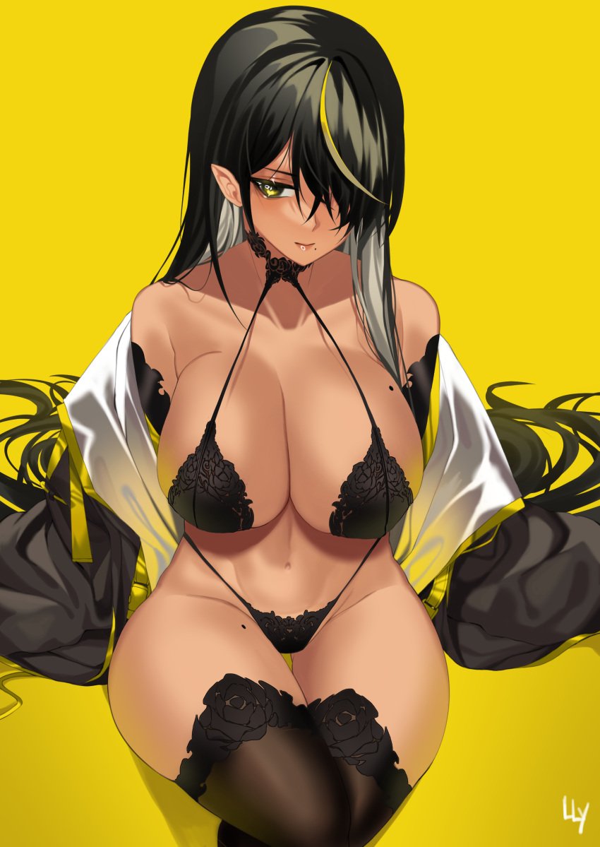 abs arms_behind_back bare_shoulders belly_button big_breasts black_bra black_hair black_legwear black_panties bra choker cleavage dark-skinned_female dark_elf dark_hair dark_skin elf elf_ears elf_female fangs gloves hair_between_eyes hair_over_one_eye lace-trimmed_bra lace-trimmed_panties lace-trimmed_thighhighs lilith_(lilycious) lilycious looking_at_viewer loose_clothes mole mole_on_breast mole_on_thigh mole_under_mouth multicolored_hair navel panties pointy_ears undressing very_long_hair wide_hips yellow_eyes yellow_hair