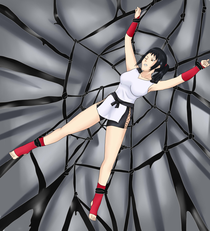 1girls arms_up black_hair bondage brown_eyes kas-min legs_apart legs_spread marvel marvel_comics medium_breasts peril ponytail restrained samurai_champloo shorts sleeveless_shirt spider_web straight_hair supervillain venom_(marvel) yatsuha_imano