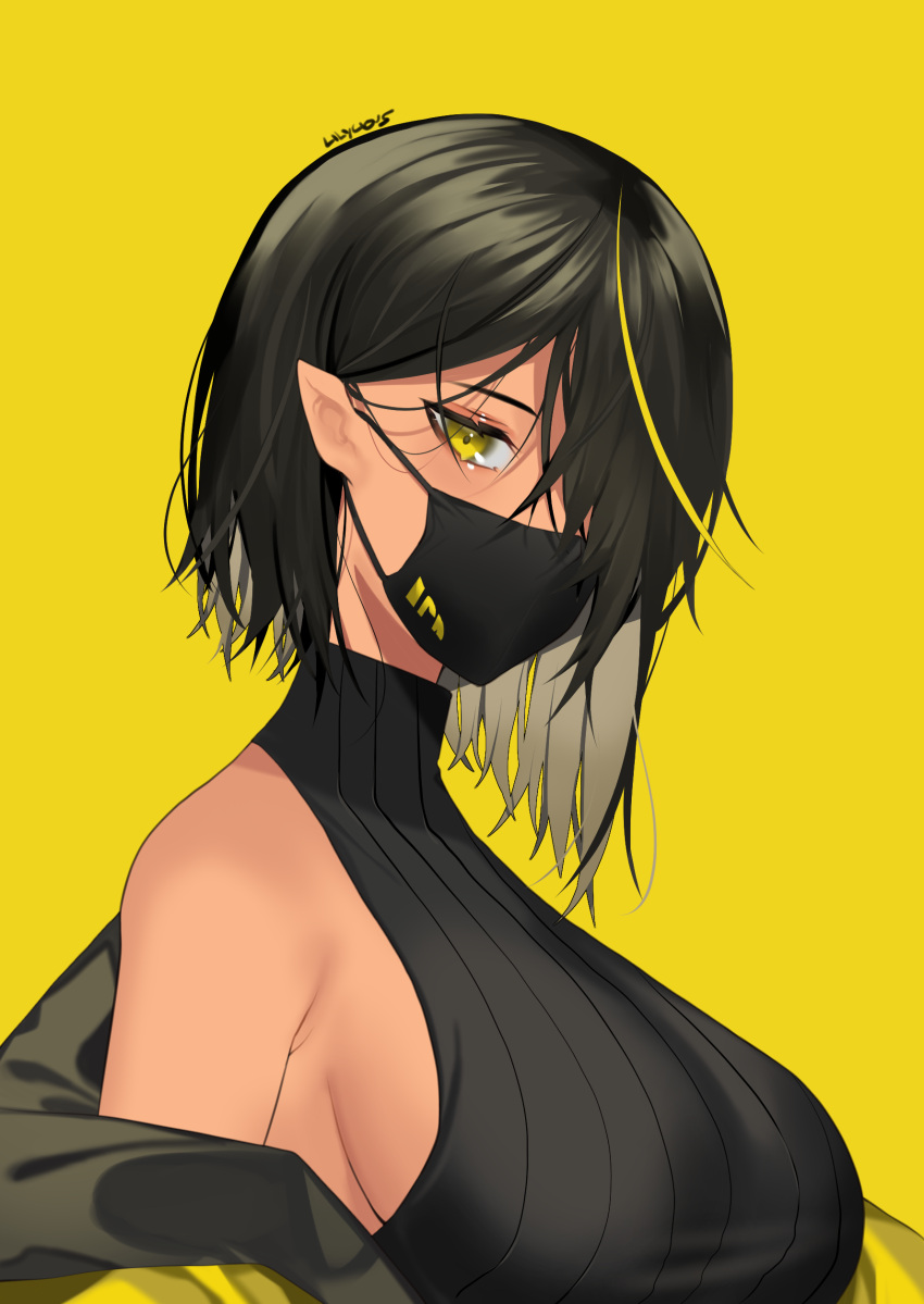 bare_shoulders big_breasts black_hair black_mask dark-skinned_female dark_elf dark_hair dark_skin elf elf_ears elf_female female female_only hair_between_eyes hair_over_one_eye lilith_(lilycious) lilycious long_hair looking_at_viewer mask masked multicolored_hair one_eye_covered pointy_ears short_hair sideboob undressing virgin_killer_sweater yellow_background yellow_eyes yellow_hair