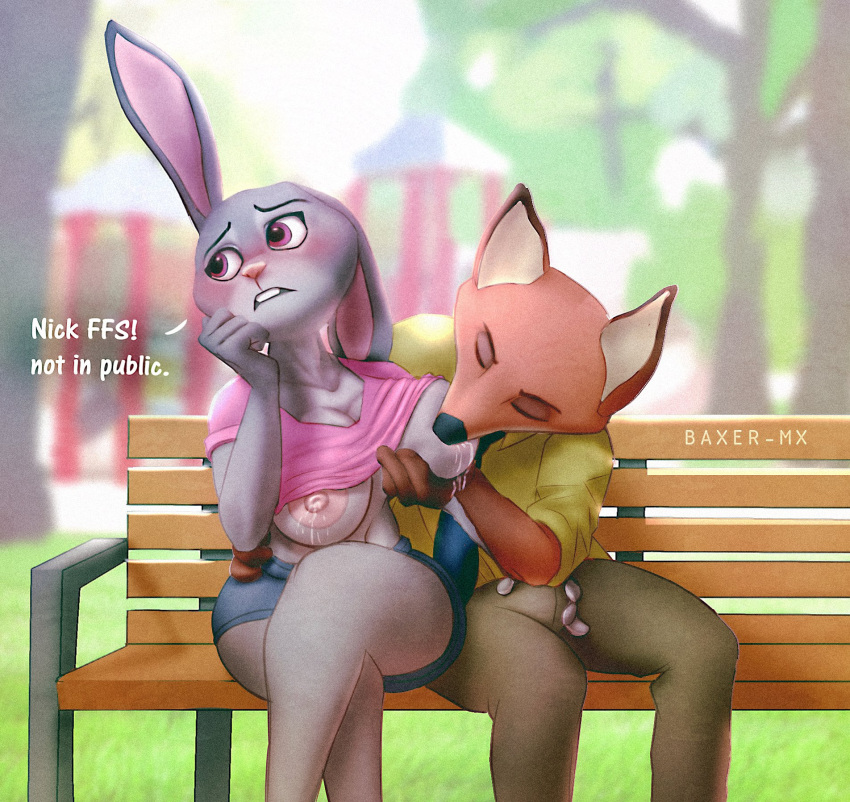 2021 4_fingers anthro areola bench big_breasts black_nose bodily_fluids bottomwear breastfeeding breasts buckteeth bulge bulge_fondling canid canine cleavage closed_eyes clothed clothing dialogue disney duo english_text exposed_breasts female fingers floppy_ears fox hi_res huge_breasts judy_hopps lactating lactation lagomorph large_breasts leporid male male/female mammal midriff milk navel necktie nick_wilde nipples outside pants park pink_nose public public_breastfeeding rabbit raised_clothing raised_shirt raised_topwear shirt shorts t-shirt teeth text topwear venjiiart worried zootopia