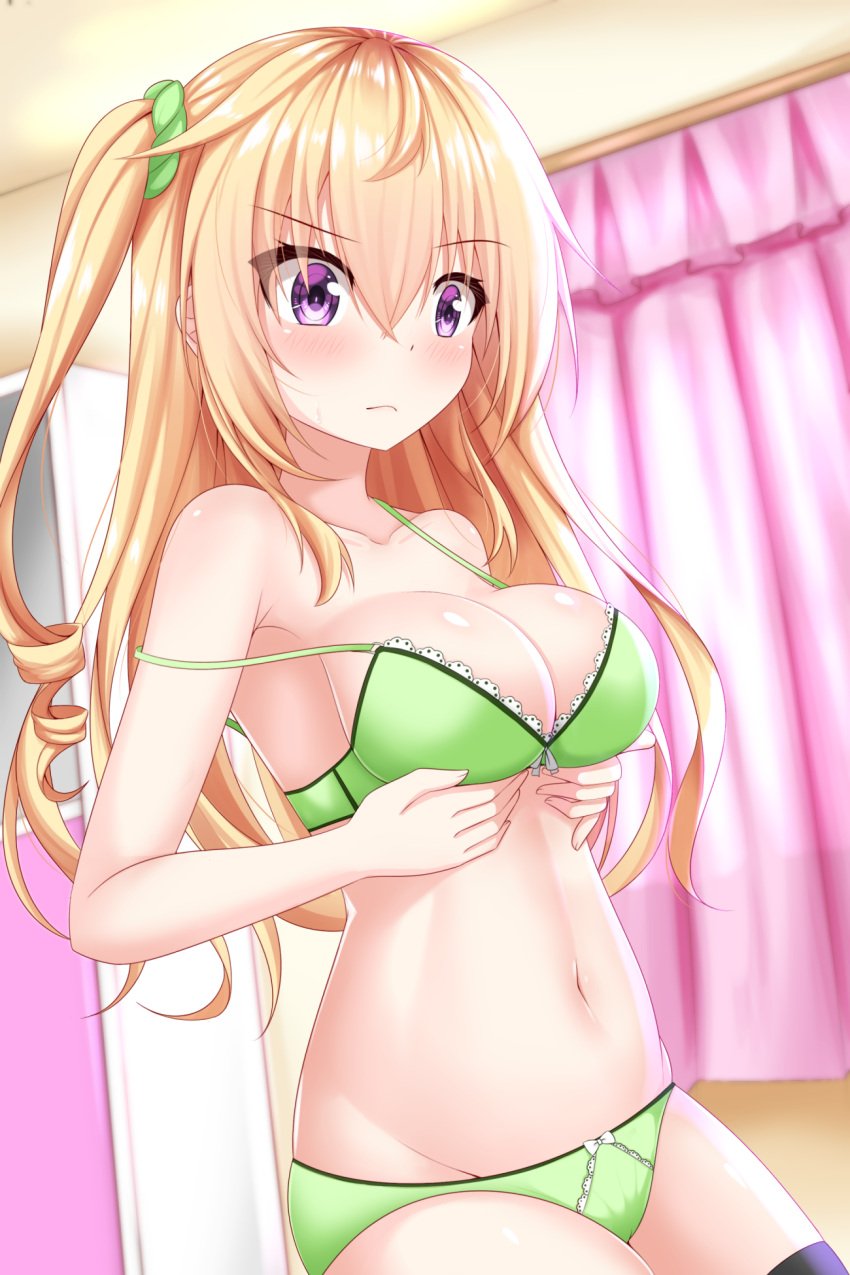 1girls blonde_hair bra breasts enru female green_underwear lingerie long_hair panties purple_eyes solo