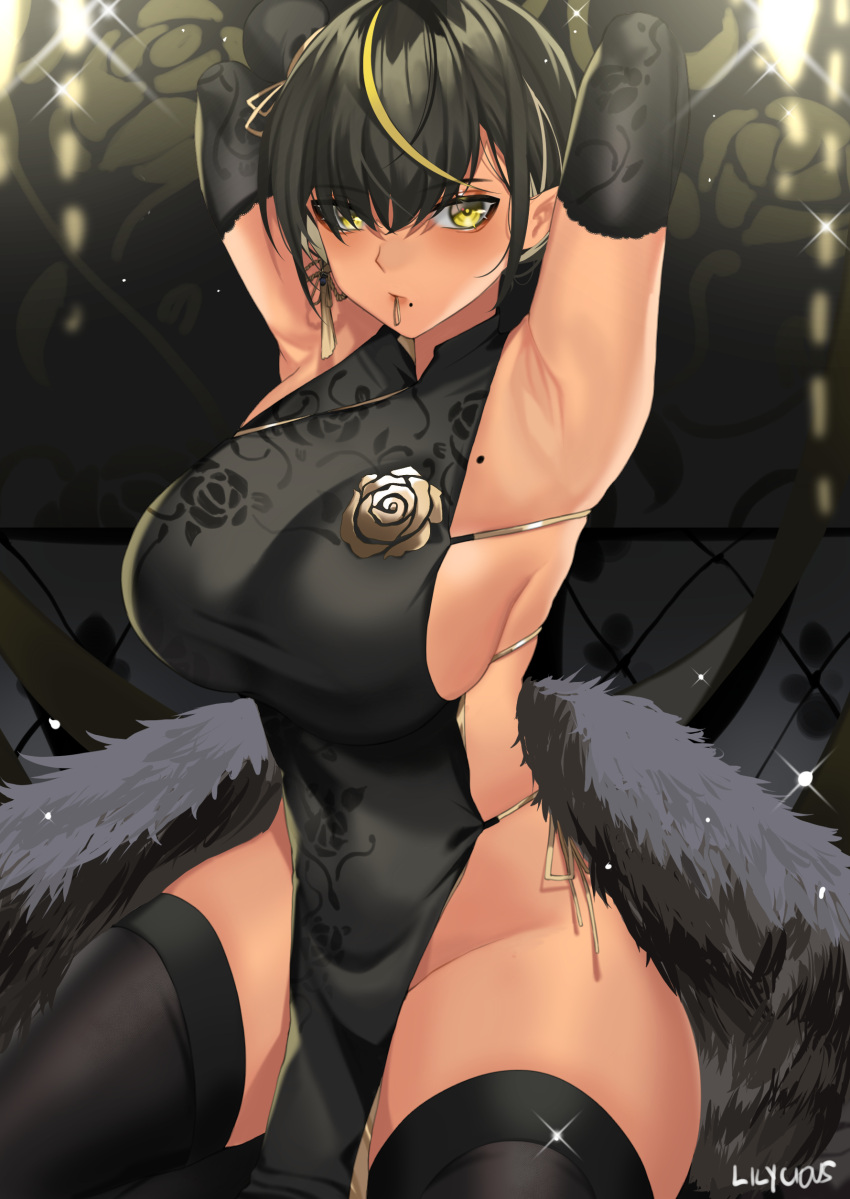 armpits arms_behind_head asian_clothing bare_shoulders big_breasts black_dress black_gloves black_hair black_legwear china_dress chinese_clothes dark-skinned_female dark_elf dark_hair dark_skin earrings elf elf_ears elf_female female female_only fur_clothing gloves hair_between_eyes hair_bun hair_ribbon lilith_(lilycious) lilycious long_gloves looking_at_viewer mole mole_on_breast mole_under_mouth multicolored_hair object_in_mouth pelvic_curtain pointy_ears short_hair sideboob undressing yellow_eyes yellow_hair