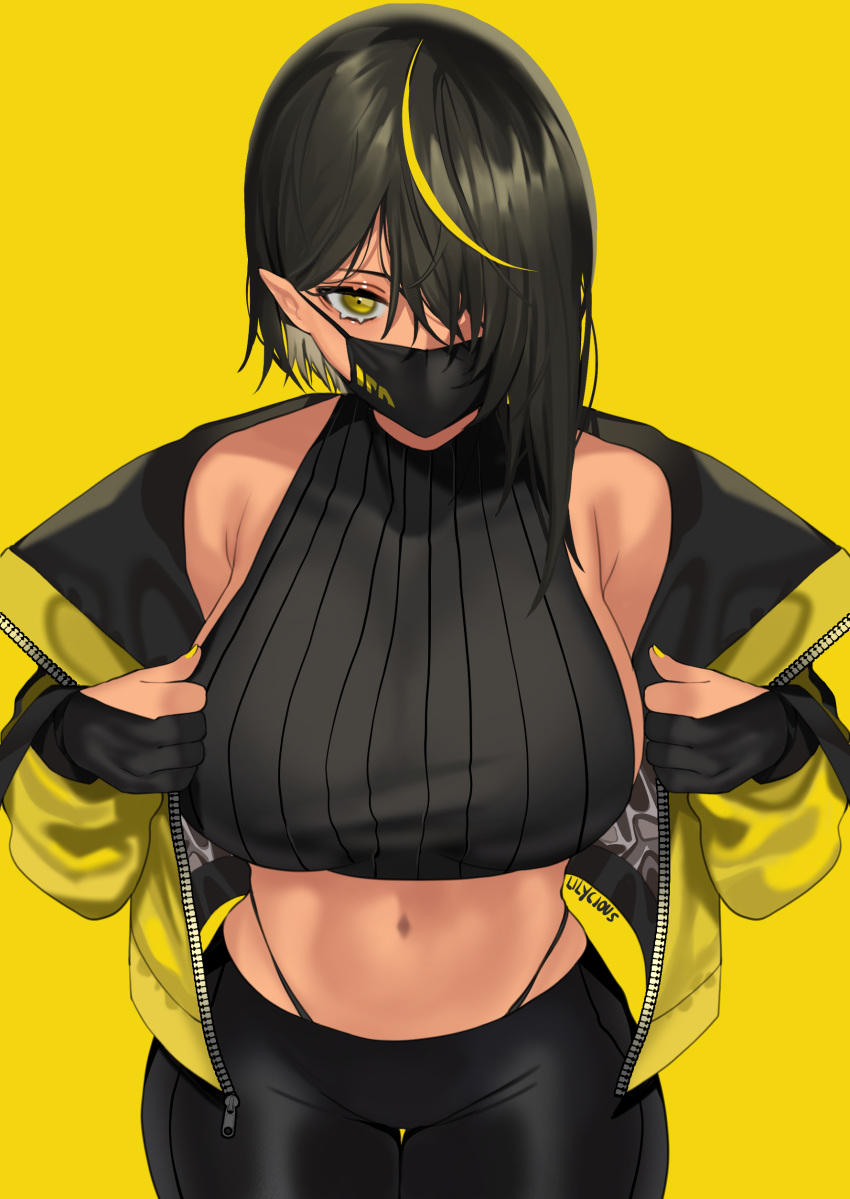 abs belly_button big_breasts black_hair black_legwear black_mask black_panties dark-skinned_female dark_elf dark_hair dark_skin elf elf_ears elf_female female female_only gloves hair_between_eyes hair_over_one_eye leaning_forward leggings lilith_(lilycious) lilycious long_hair looking_at_viewer mask masked multicolored_hair navel one_eye_covered painted_nails pointy_ears short_hair sideboob undressing virgin_killer_sweater yellow_background yellow_eyes yellow_hair