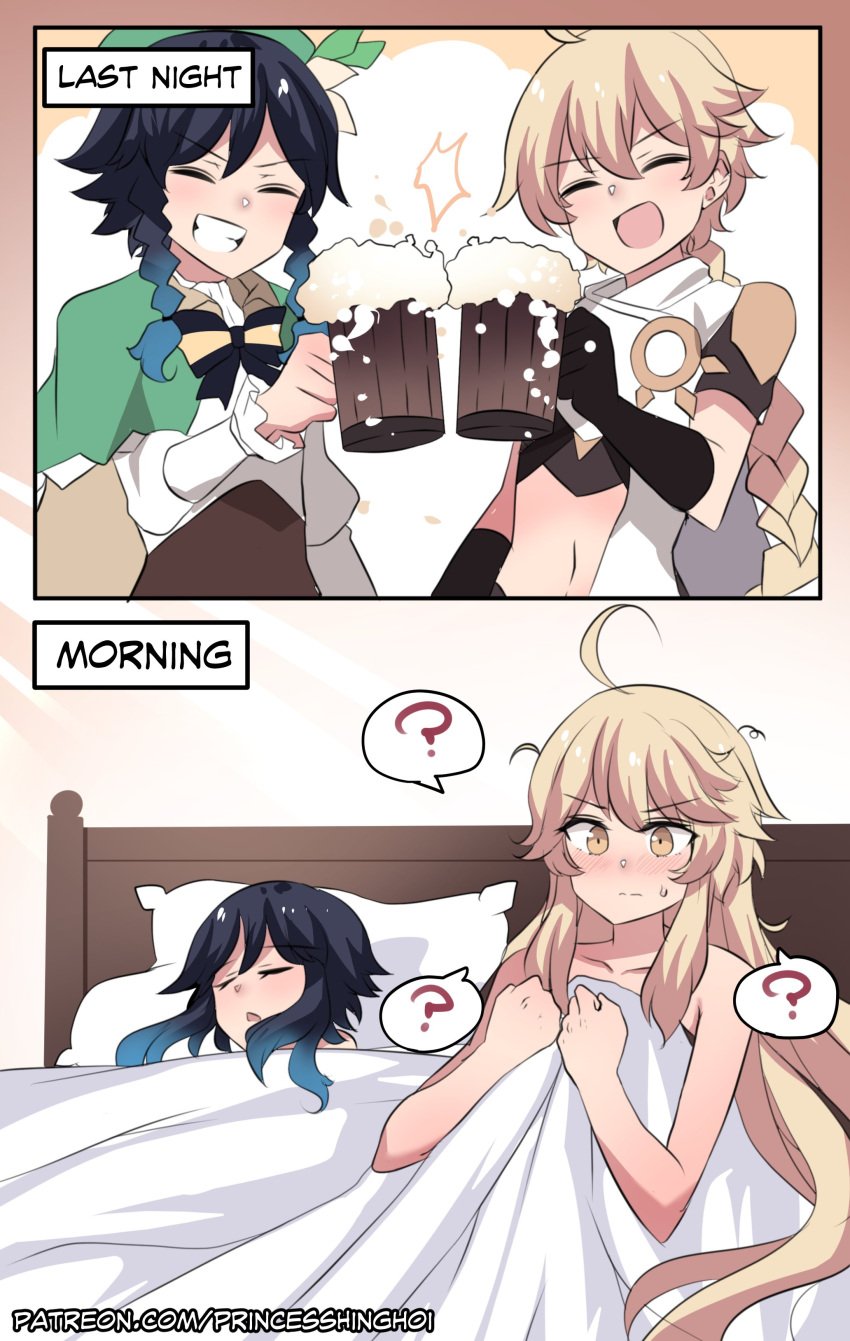 2boys ? absurd_res absurdres aether_(genshin_impact) ahoge alcohol androgynous beer black_hair blanket blonde_hair blue_hair blush braid braided_ponytail closed_eyes comic crossdressing cup femboy gay genshin_impact girly gradient_hair green_headwear grin hi_res highres hinghoi holding holding_cup implied_yaoi long_hair lying male male/male male_focus male_only multicolored_hair multiple_boys on_back on_bed sidelocks sleeping smile speech_bubble spoken_question_mark sweatdrop trap twin_braids venti_(genshin_impact) yaoi