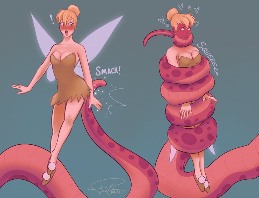 ! 1girls asphyxiation blonde_hair blue_eyes blush cleavage coiling constriction disney dress fairy fairy_wings female female_only grey_background hair_bun heart heart-shaped_pupils hi_res peter_pan_(disney) pomegranet red_face shocked smack smacking_ass snake_tail solo solo_female spanking squeezing strangling tinker_bell wings