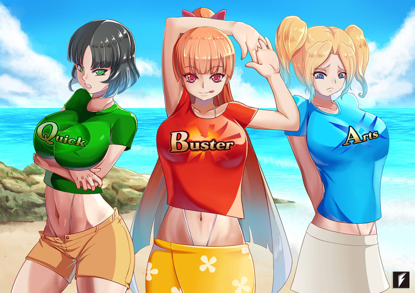 3girls angry beach big_breasts black_hair blonde_hair blossom_(powerpuff_girls) blue_eyes breasts bubbles_(powerpuff_girls) buttercup_(powerpuff_girls) cartoon_network clothed clothed_female clothing female female_only fuji_fujiko green_eyes grown_up long_hair looking_at_viewer nude_female powerpuff_girls red_eyes red_hair seductive_look seductive_smile short_hair sisters toonami twintails upset very_long_hair whale_tail