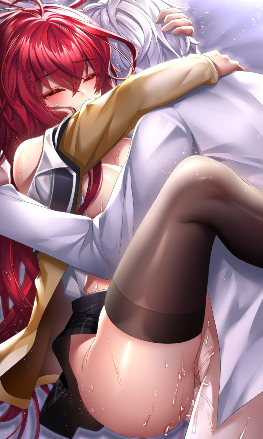 1boy ahoge arm_around_neck bangs been black_legwear black_skirt breasts brown_jacket censored cleavage dress_shirt elesis_(elsword) elsword eyebrows_visible_through_hair female hair_between_eyes hand_in_another's_hair highres jacket large_breasts long_hair miniskirt missionary mosaic_censoring open_clothes open_jacket open_shirt penis plaid plaid_skirt pleated_skirt red_hair sex shiny shiny_hair shirt silver_hair skirt skirt_lift straight sweat tears thighhighs vaginal_penetration very_long_hair white_shirt