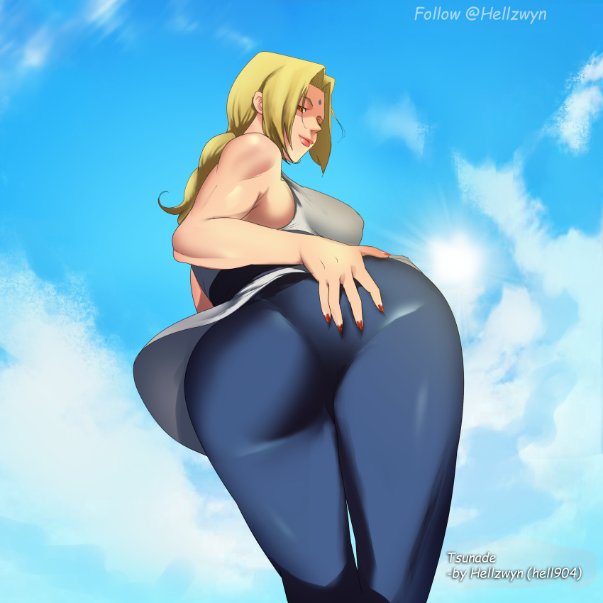 1girls ass blonde blonde_hair breasts dat_ass facial_mark female female_only hell904 looking_at_viewer looking_back naruto naruto_shippuden sideboob solo solo_female tight_clothing tsunade