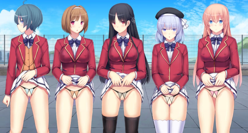 5girls ahoge annoyed bangs beret black_hair black_headwear black_legwear black_panties blue_eyes blue_hair blue_neckwear blue_panties blue_sky blush bob_cut bow bow_panties bowtie braid breasts brown_hair buttons censored classroom_of_the_elite clenched_hand closed_mouth cloud collared_shirt commentary_request crotchless crotchless_panties daiaru day eyebrows_visible_through_hair fence flat_chest hair_intakes hair_ribbon hairband hand_up hands_up hat horikita_suzune ibuki_mio ichinose_honami_(cote) jacket kushida_kikyou legs_together lifted_by_self long_hair long_sleeves looking_at_viewer medium_breasts miniskirt mosaic_censoring mountain multiple_girls nervous open_clothes open_jacket open_mouth orange_hair orange_panties orange_vest outdoors panties pink_panties pleated_skirt pocket profile pussy pussy_juice red_eyes red_jacket ribbon rooftop sakayanagi_arisu school_uniform see-through shiny shiny_hair shiny_skin shirt short_hair showing_pussy sidelocks sideways_mouth skirt skirt_lift sky standing string_panties thighhighs tied_hair underwear vest white_hairband white_legwear white_ribbon white_shirt white_skirt youkoso_jitsuryoku_shijou_shugi_no_kyoushitsu_e