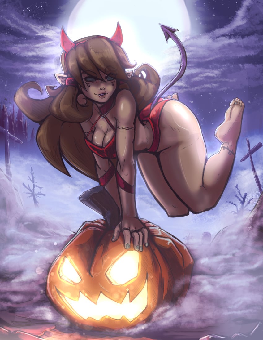 1girls absurd_res ass barefoot big_ass big_breasts black_sclera breasts charlotte_mors cleavage curvaceous curvy curvy_female curvy_figure devil_horns devil_tail elf elf_ears elf_female feet feet_up female female_only floating grave halloween_costume hi_res high_resolution highres lipstick long_hair markings mist nail_polish night no_shoes original pinup pointy_ears pumpkin reliusmax soles solo solo_focus succubus tattoo thick thick_ass thick_thighs toe_ring toes