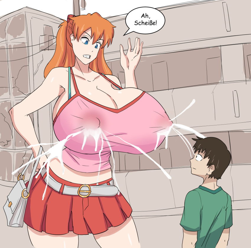 accidental_exposure asuka_langley_sohryu clothing erect_nipples erect_nipples_under_clothes giantess huge_breasts implied_breast_expansion implied_growth lactation lactation_through_clothes lactation_without_expressing large_breasts milk mini_giantess neon_genesis_evangelion public_exposure rexcrash64 shinji_ikari skirt smaller_male spraying_milk tagme translated