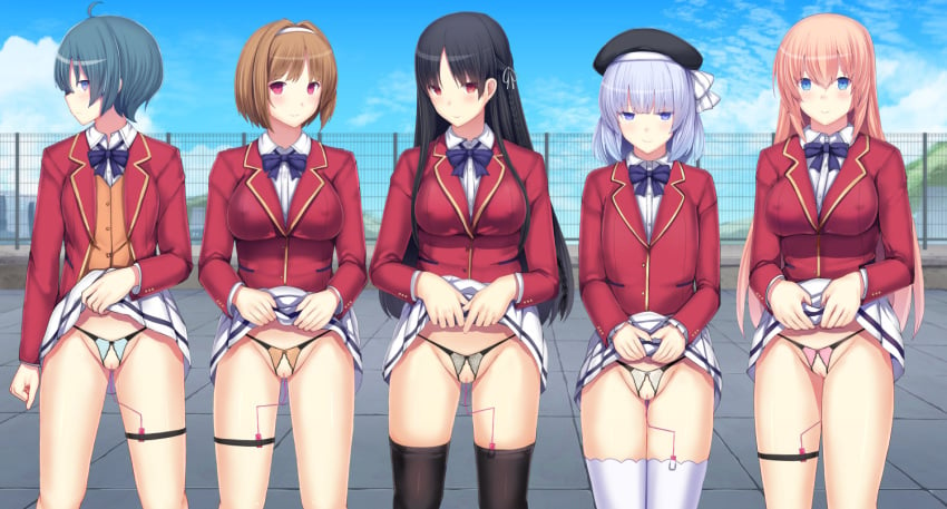 5girls ahoge annoyed bangs beret black_hair black_headwear black_legwear black_panties blue_eyes blue_hair blue_neckwear blue_panties blue_sky blush bob_cut bow bow_panties bowtie braid breasts brown_hair buttons censored classroom_of_the_elite clenched_hand closed_mouth cloud collared_shirt commentary_request controller crotchless crotchless_panties daiaru day embarrassed_female eyebrows_visible_through_hair fence flat_chest hair_intakes hair_ribbon hairband hand_up hands_up happy hat horikita_suzune ibuki_mio ichinose_honami_(cote) jacket kushida_kikyou legs_together lifted_by_self long_hair long_sleeves looking_at_viewer medium_breasts miniskirt mosaic_censoring mountain multiple_girls object_insertion open_clothes open_jacket orange_hair orange_panties orange_vest outdoors panties pink_panties pleated_skirt pocket profile pussy pussy_juice red_eyes red_jacket remote_control remote_control_vibrator ribbon rooftop sakayanagi_arisu school_uniform see-through sex_toy shiny shiny_hair shiny_skin shirt short_hair sidelocks sideways_mouth skirt skirt_lift sky smile standing string_panties thighhighs tied_hair underwear vaginal_object_insertion vaginal_penetration vest vibrator vibrator_in_thighhighs white_hairband white_legwear white_ribbon white_shirt white_skirt youkoso_jitsuryoku_shijou_shugi_no_kyoushitsu_e