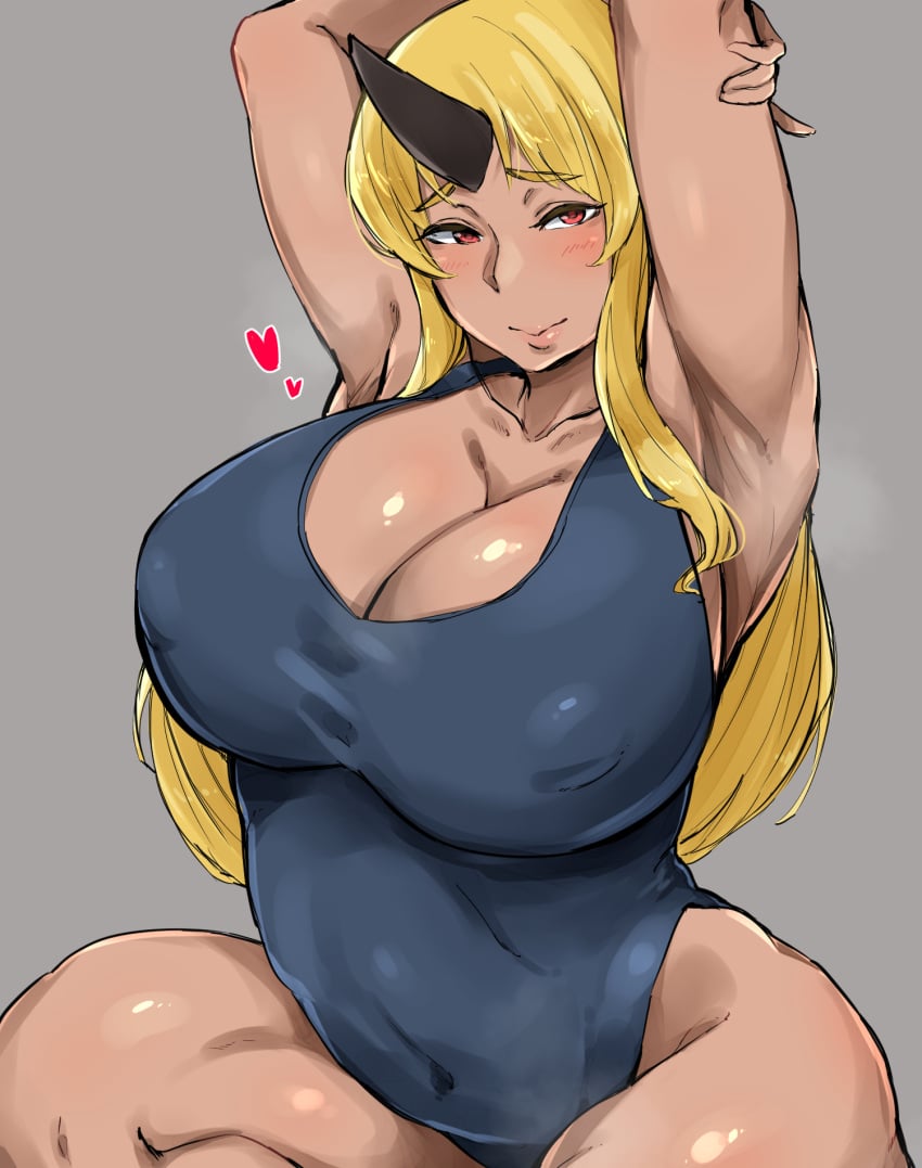 armpit armpits arms_up blonde_hair blush breasts closed_mouth collarbone covered_navel covered_nipples female female_focus female_only gray_background heart hiraishiabc horn light-skinned_female light_skin long_hair looking_at_viewer monster_girl monster_musume_no_iru_nichijou mouth_closed nipple_bulge nipples ogre_girl one-piece_swimsuit red_eyes school_swimsuit simple_background solo solo_female solo_focus swimsuit tionishia_(monster_musume)