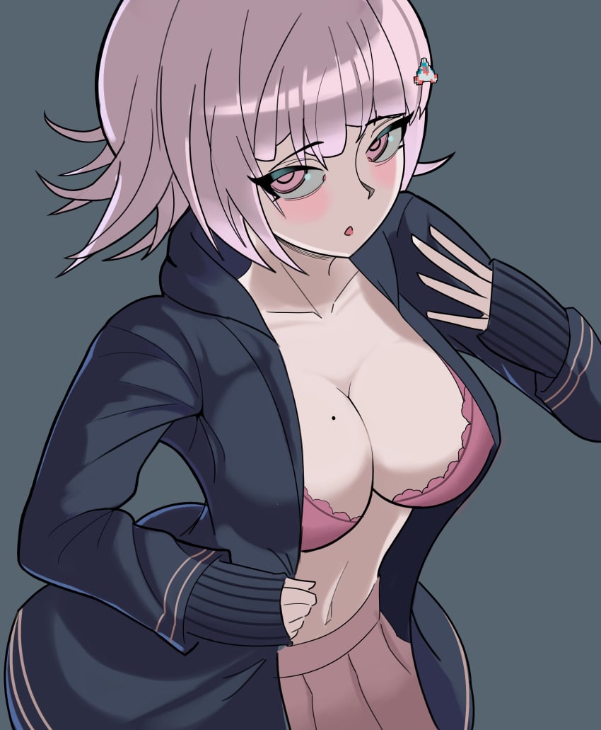 1girls big_breasts bra danganronpa danganronpa_2:_goodbye_despair mole_on_breast nanami_chiaki pink_bra straight_hair trizzz