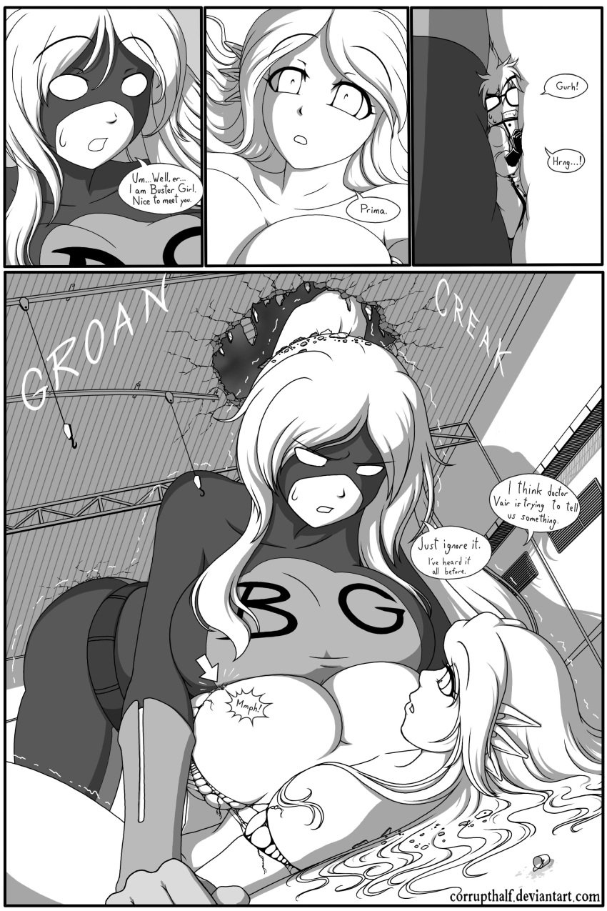 big_breasts buster_girl_(corruptking) comic corruptking giantess huge_breasts original original_character prima_(corruptking) room_filling smaller_male superheroine