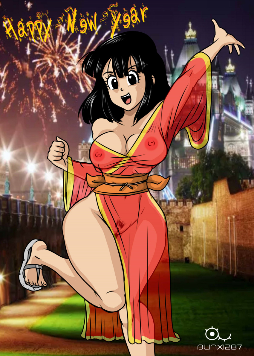 areolae belly_button black_eyes black_hair blinx1287 dragon_ball dragon_ball_gt feet fireworks happy_new_year hourglass_figure jiggling_breasts kimono nipples nude_female open_mouth outside pan_(dragon_ball) posing pubic_hair sandals see-through see-through_clothing smiling toes