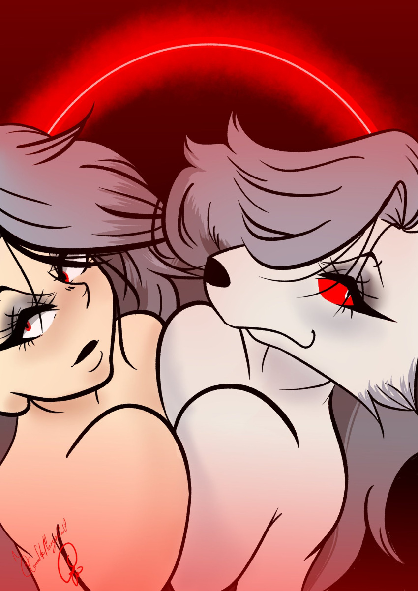 2demons 2girls anthro breast_squeeze breast_to_breast breasts caracoldemangar demon duo eyelashes female goth grey_hair hellhound helluva_boss human human_loona human_on_anthro humanized loona_(helluva_boss) multicolored_body multicolored_fur multiple_girls red_eyes red_sclera sidecut symmetrical_docking vivienne_medrano white_body white_eyes white_fur