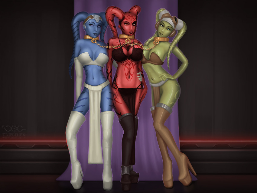 3girls big_breasts bioware blue_eyes bondage breasts brown_eyes cleavage clothed clothing darth_talon disney_xd female_focus female_only green_eyes harem hera_syndulla highres looking_at_viewer lucasfilm multiple_girls nipples posing revealing_clothes slave spread_legs star_wars star_wars:_legacy star_wars:_the_old_republic star_wars_rebels triplehex twi'lek vette