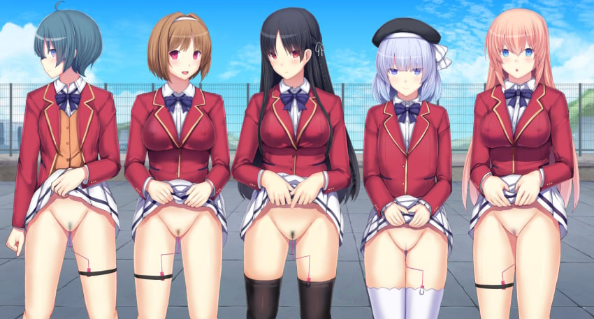 5girls ahoge annoyed bangs beret big_breasts black_hair black_headwear black_legwear blazer blue_eyes blue_hair blue_neckwear blue_sky blush bob_cut bottomless bow bowtie braid breasts brown_hair buttons censored classroom_of_the_elite clenched_hand closed_mouth clothed clothed_female cloud collared_shirt colored commentary_request controller daiaru day eyebrows_visible_through_hair female female/female female_focus female_only fence flat_chest group_sex hair_intakes hair_ribbon hairband hand_up hands_up happy hat horikita_suzune ibuki_mio ichinose_honami_(cote) jacket kushida_kikyou legs_together lifted_by_self long_hair long_sleeves looking_at_viewer medium_breasts medium_hair miniskirt mosaic_censoring mountain multiple_girls nervous no_panties object_insertion open_clothes open_jacket open_mouth orange_hair orange_vest outdoors partially_clothed penetration pleated_skirt pocket profile pubic_hair pussy pussy_juice red_eyes red_jacket remote_control remote_control_vibrator ribbon rooftop sakayanagi_arisu school_uniform schoolgirls sex_toy shiny shiny_hair shiny_skin shirt short_hair sidelocks sideways_mouth skirt skirt_lift sky small_breasts smile standing thighhighs tied_hair uniform vaginal_object_insertion vaginal_penetration vest vibrator vibrator_in_thighhighs white_hairband white_legwear white_ribbon white_shirt white_skirt youkoso_jitsuryoku_shijou_shugi_no_kyoushitsu_e