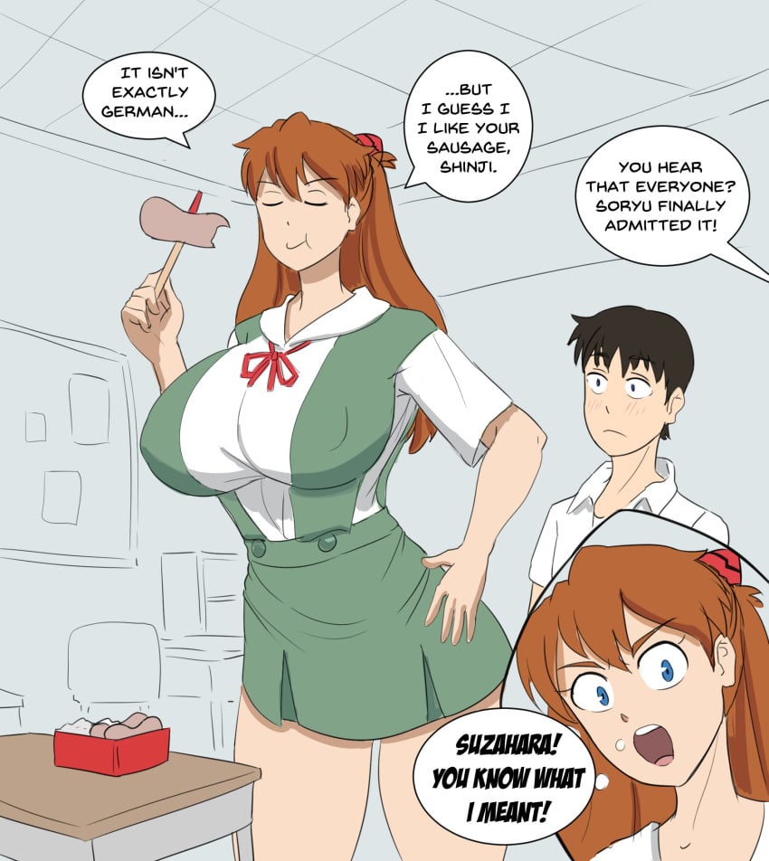 asuka_langley_sohryu big_breasts clothing huge_breasts huge_school_girl large_breasts larger_female neon_genesis_evangelion nipple_bulge penis_joke pun rexcrash64 sausage school_uniform shinji_ikari size_difference skirt tagme taller_female taller_girl