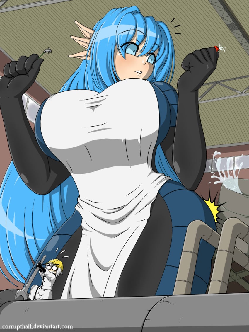 apron big_breasts blue_hair bodysuit breasts corruptking giantess growth huge_breasts original prima_(corruptking) smaller_male thick_thighs tight_clothing