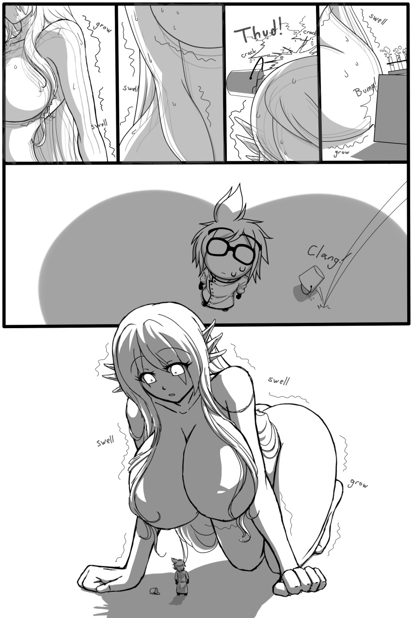 big_breasts breasts comic corruptking featureless_breasts giantess growth huge_breasts monochrome prima_(corruptking) smaller_male tagme thick