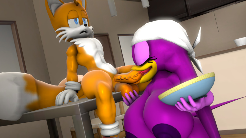 3d 3d_(artwork) anthro ass avian beak bird duo eyelashes fellatio female fingers fox gloves hair ironhawk male orange_body purple_body purple_hair reading sonic_(series) swallow tail_feathers tails topless wave_the_swallow white_body