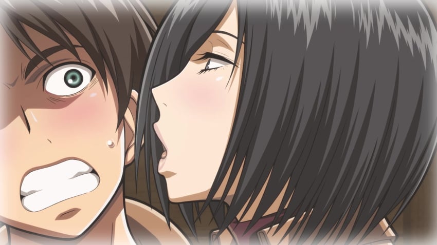 1boy 1girls aroused asian attack_on_titan black_eyes black_hair blush dream eren_jaeger female fringe green_eyes gritted_teeth lost_rarities male medium_hair mikasa_ackerman open_mouth pale-skinned_female petite provocative seductive_eyes seductive_mouth sensual shingeki_no_kyojin shocked_expression short_hair submissive_female takapiko wide_eyed