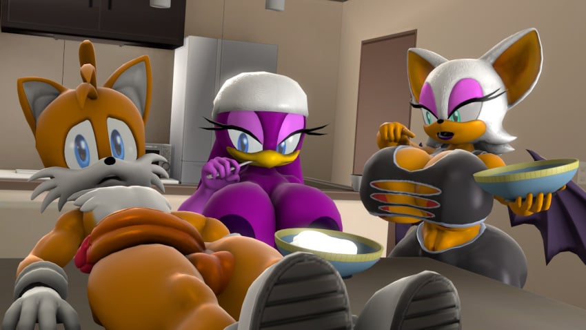 3d 3d_(artwork) 3d_model anthro ass avian beak bird cum duo eating eating_cum eyelashes female fingers fox gloves hair ironhawk male mobian mobian_(species) mobian_bat orange_body purple_body purple_hair reading rouge_the_bat sega sonic_(series) sonic_adventure_2 sonic_the_hedgehog_(series) swallow tail_feathers tails topless wave_the_swallow white_body