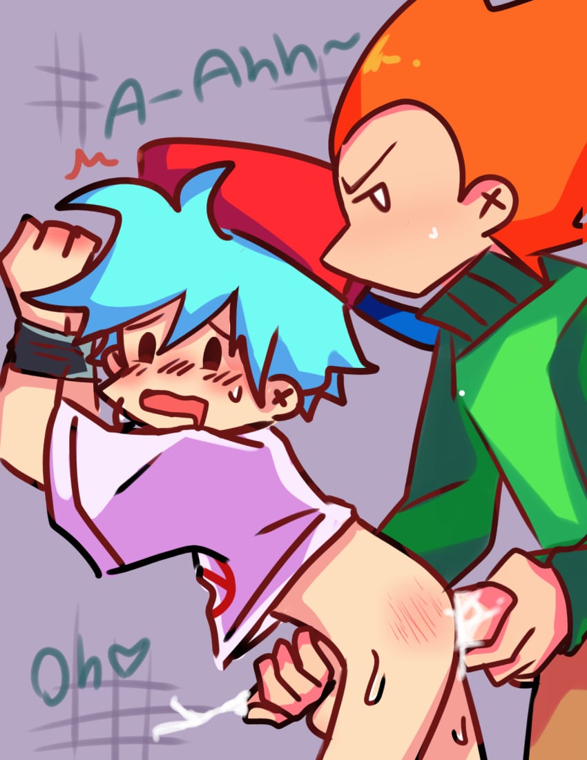 2boys anal anal_penetration blue_hair boyfriend_(friday_night_funkin) cumming friday_night_funkin gay handjob hands_tied newgrounds orange_hair pico's_school pico_(newgrounds) shiyuu01_(artist)