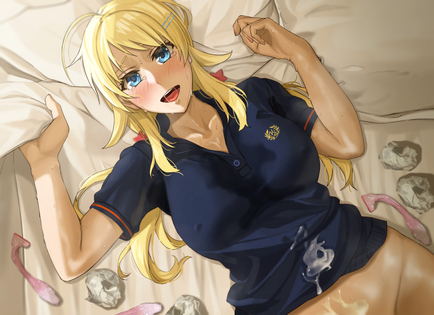 after_sex ahoge bangs black_bean blonde_hair blue_eyes blue_shirt blush breasts collarbone condom cum cum_on_body cum_on_clothes female hachimiya_meguru hair_ornament hairclip highres idolmaster idolmaster_shiny_colors large_breasts long_hair looking_at_viewer low_twintails lying nipples_visible_through_clothing on_back open_mouth pillow polo_shirt shirt short_sleeves smile star_(symbol) star_hair_ornament sweat twintails used_condom used_tissue