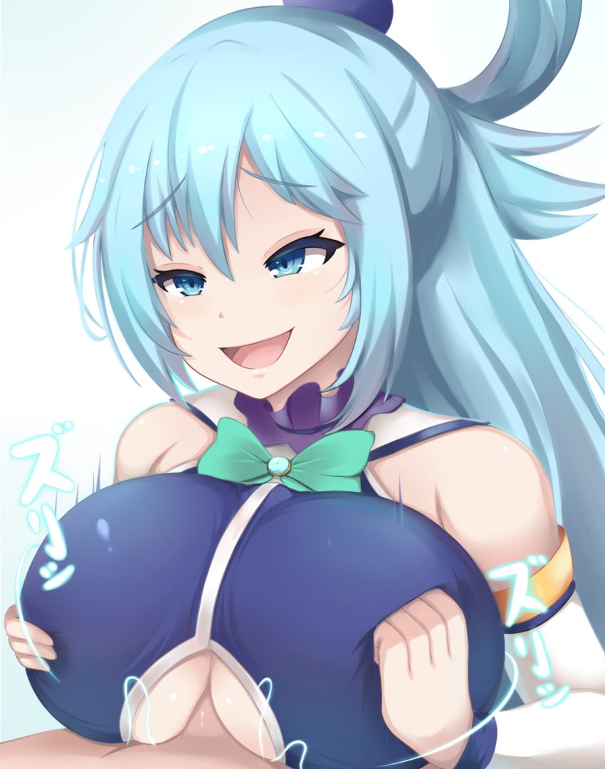 1boy 1girls alternate_breast_size aqua_(konosuba) bare_shoulders big_breasts blue_eyes blue_hair bow bowtie breast_squeeze breasts ejaculation_under_clothes energy_drain female highres kono_subarashii_sekai_ni_shukufuku_wo! large_breasts open_mouth outercourse paizuri paizuri_under_clothes renetan smug straight