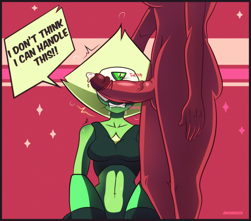 1futa 1girls anoningen clothed_male_nude_female english_text erection futanari garnet_(steven_universe) gem_(species) gem_fusion limb_enhancers nude penis penis_on_face peridot_(steven_universe) precum speech_bubble steven_universe text veiny_penis