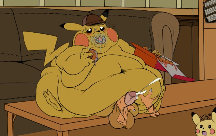 badgengar balls blush bodily_fluids clothing colored cum cumshot dessert detective_pikachu detective_pikachu_(series) doughnut ejaculation fat feral food fur furry genital_fluids genitals hat headgear headwear male male_focus masturbation morbidly_obese morbidly_obese_feral morbidly_obese_male nintendo obese obese_feral obese_male overweight overweight_feral overweight_male penis pikachu pokémon_(species) pokemon slob solo solo_focus stuffing sweat tail video_games