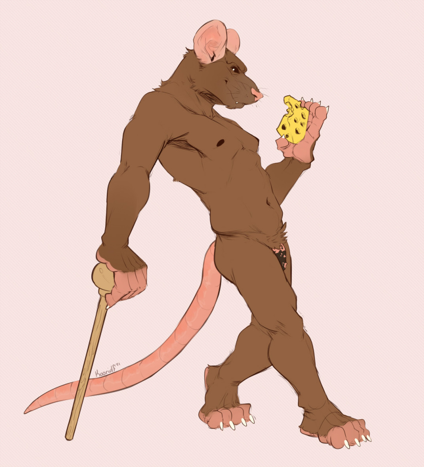 2021 anthro brown_body brown_fur cheese dairy_products digital_media_(artwork) flaccid food fur genitals koorivlf looking_at_viewer male mammal murid murine nipples nude penis rat rodent series signature simple_background skinny_male smile solo walking_stick