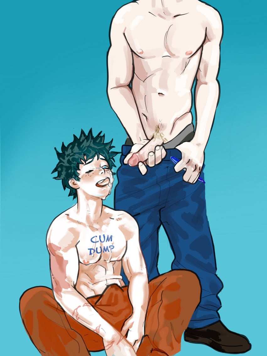 2boys after_ejaculation blue_background body_writing cum cum_on_face erection erection_under_clothes green_hair holding_penis humiliation izuku_midoriya katsuki_bakugou male_only masturbation muscular my_hero_academia pants penis pubic_hair short_hair spicypepper19 topless yaoi