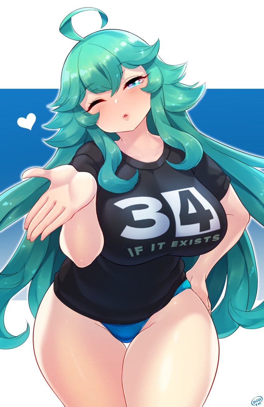 1girls 2d ahoge aqua_eyes aqua_hair artist_name ass bangs big_ass big_breasts big_butt black_shirt blown_kiss blue_background blue_panties blush born-to-die breasts butt clothes_writing collarbone cowboy_shot cute english_text eyebrows_visible_through_hair female female_only groin half-closed_eye hand_on_hip hand_up heart highres hips huge_ass huge_breasts huge_butt human human_only humanoid large_ass large_breasts large_butt light-skinned_female light_skin long_hair looking_at_viewer matching_hair/eyes one_eye_closed open_mouth outline pale-skinned_female pale_skin panties round_eyes rule_34-tan rule_34_(booru) shiny shiny_hair shirt short_sleeves signature simple_background site-tan skindentation solo standing thick thick_ass thick_thighs thighs two-tone_background underwear very_long_hair watermark white_background white_outline wide_hips wink